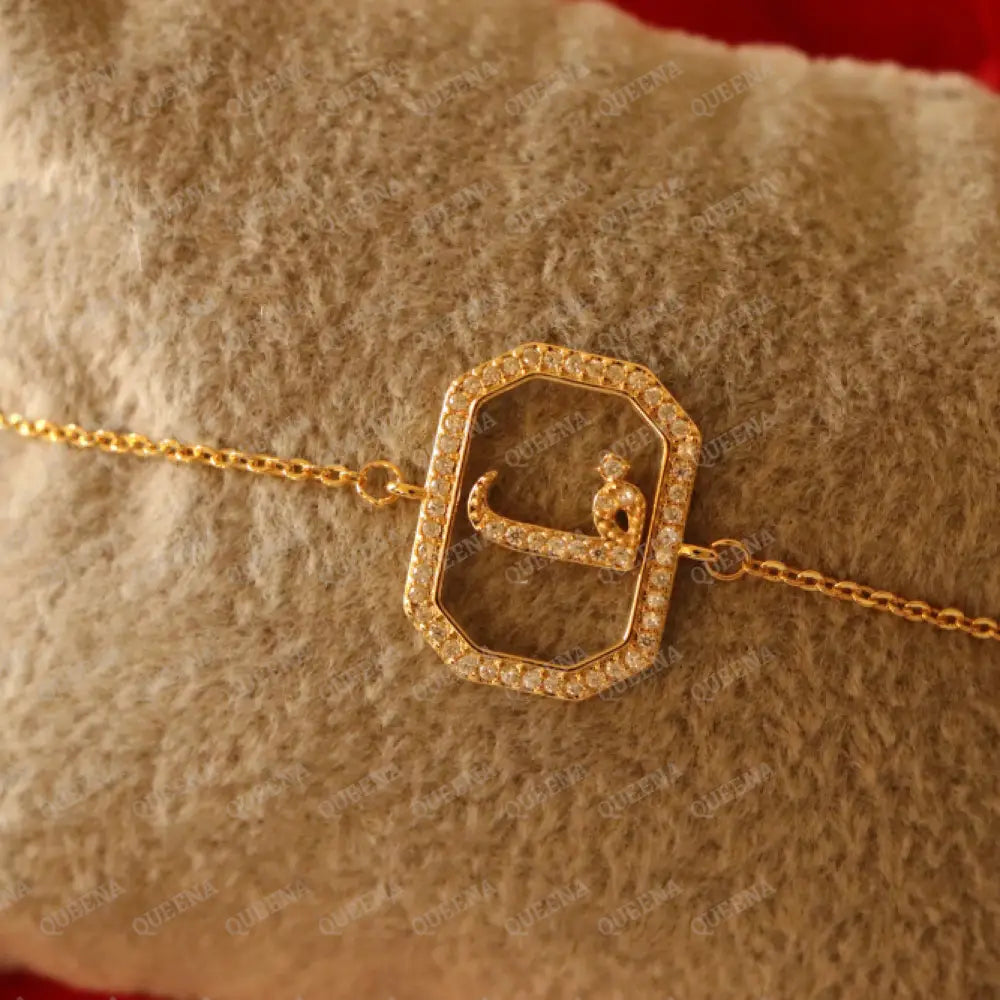 Calligraphed Arabic Initial Bracelet Studded with Full Zircons Bracelet
