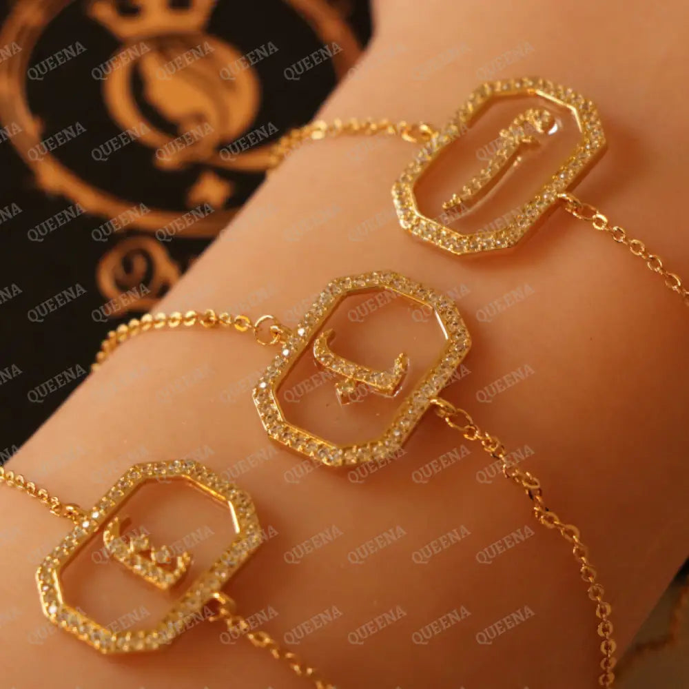 Calligraphed Arabic Initial Bracelet Studded with Full Zircons Bracelet