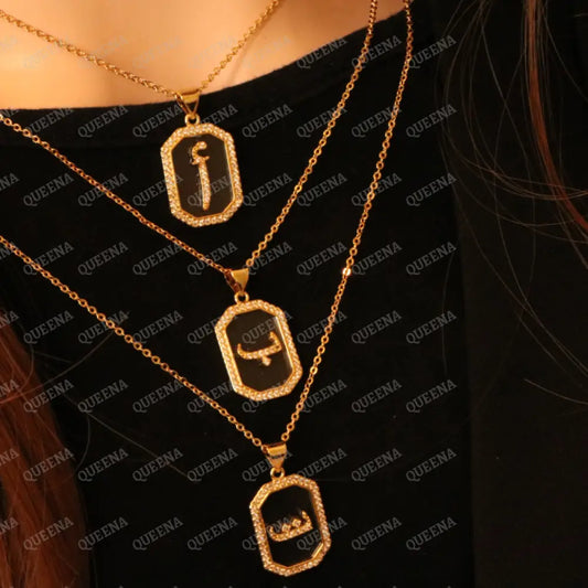 Calligraphed Arabic Initial Necklace Studded with Full Zircons Necklaces