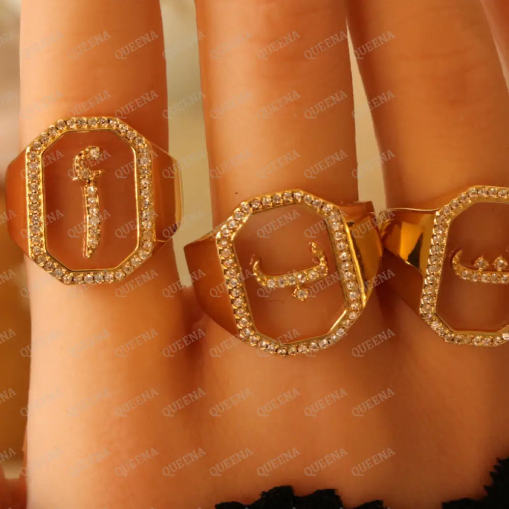 Calligraphed Arabic Initial RING Studded with Full Zircons / Adjustable Ring (Free Size) Rings