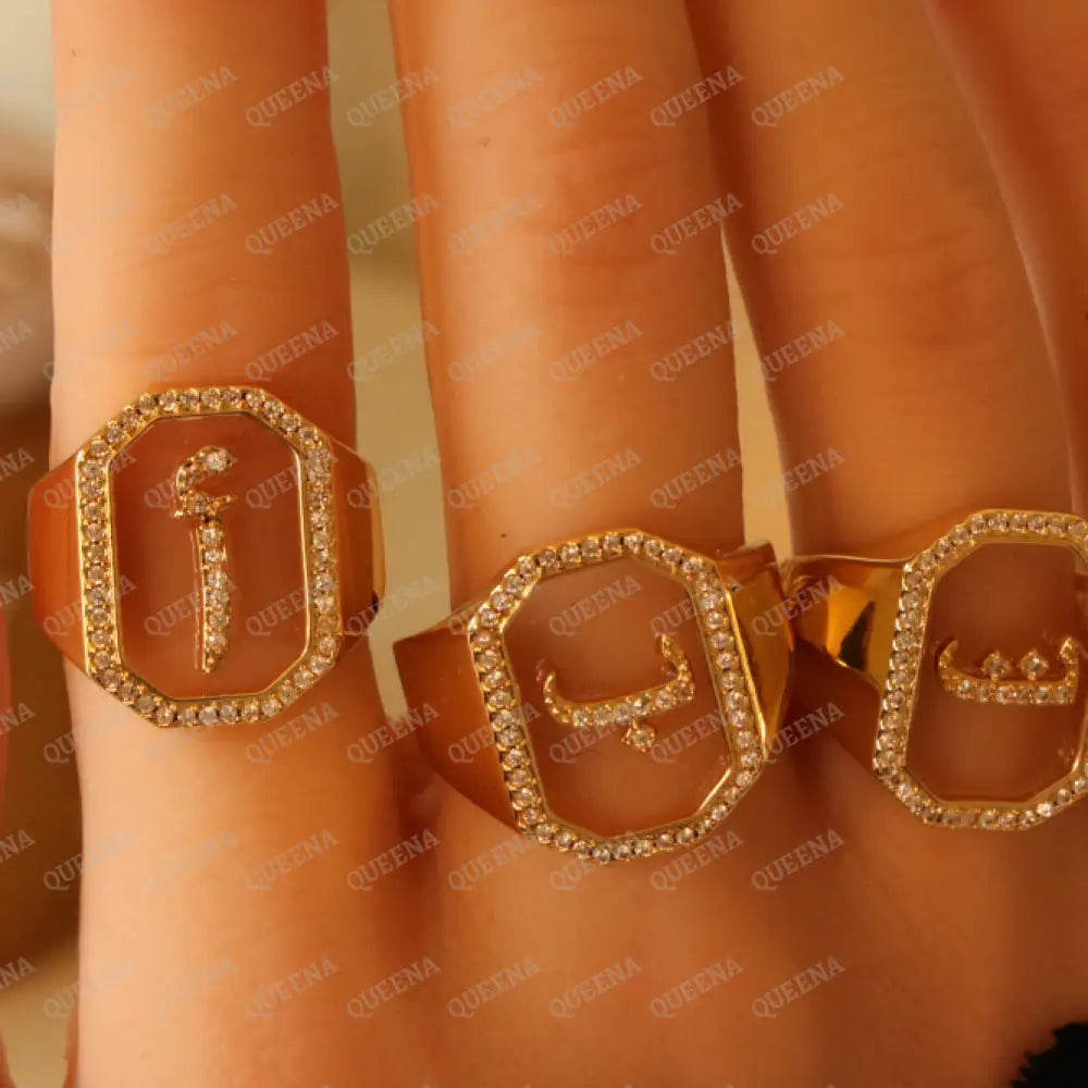 Calligraphed Arabic Initial RING Studded with Full Zircons / Adjustable Ring (Free Size) Rings