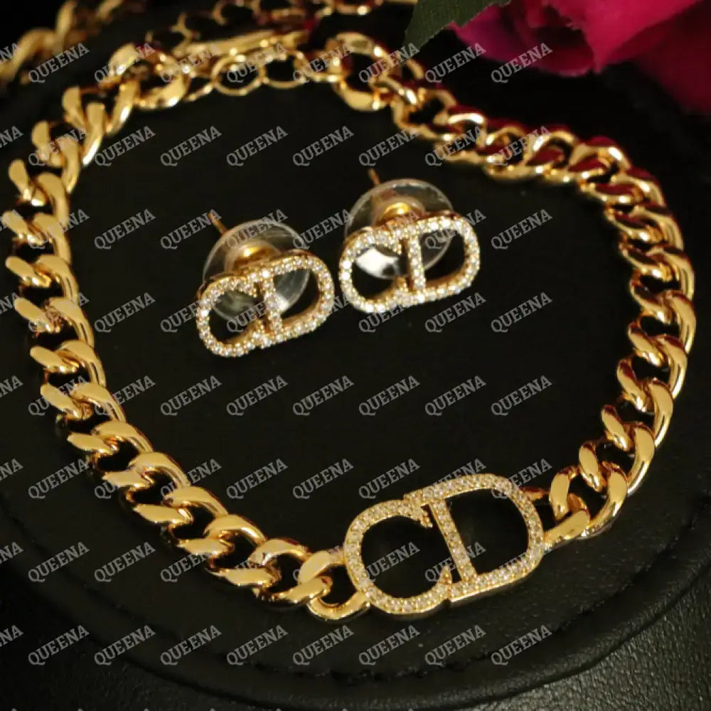 Luxury New CD Jewelry Set - 3 Pieces Golden Chain Studded with Full Zircon Stones- High Quality 18k Gold Plated