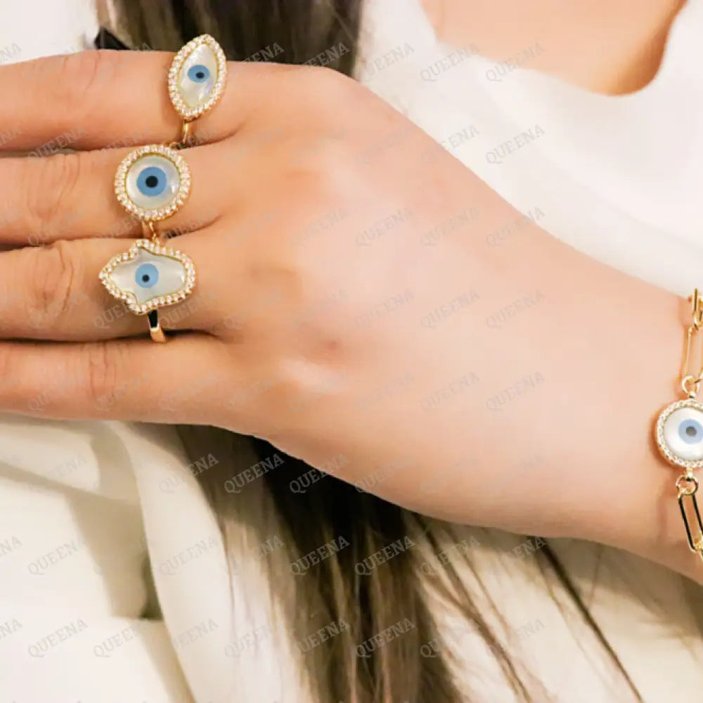 Circular Blue Evil Eye Zirconia Ring - Adjustable Free Size Rings