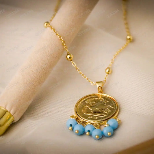 Circular Coin Gold And Fayrouzi Turquoise Beads Pendant Necklace Necklaces