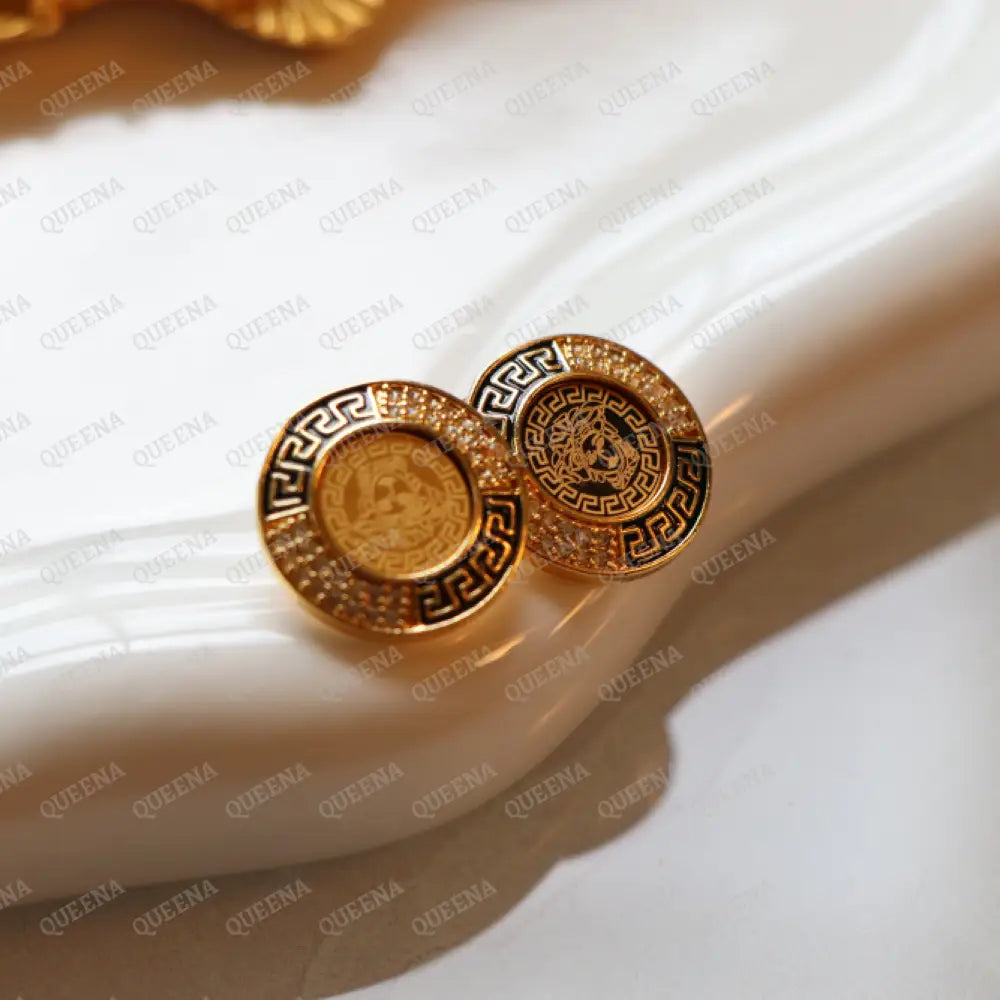 Circular Luxury Trendy Verse Zigzag Gold & Black Zircon - Stud Earrings Earrings