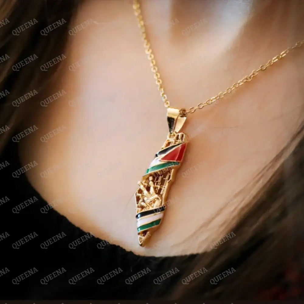 Country Map With Palestinian Flag Colors And Golden Victory Sign Pendant Necklace Necklaces