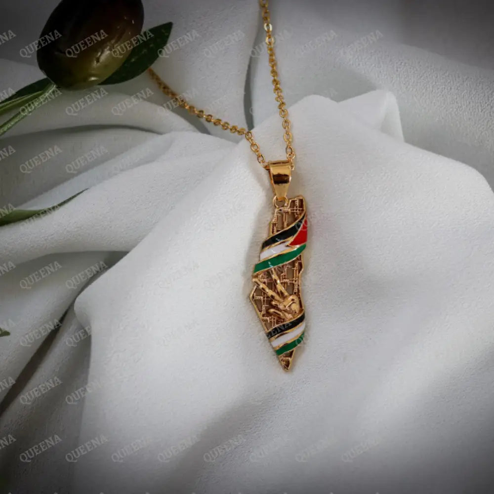 Country Map With Palestinian Flag Colors And Golden Victory Sign Pendant Necklace Necklaces