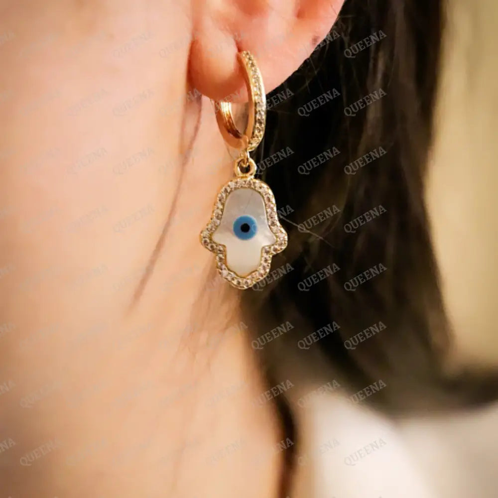 Crystal Zircon Hamsa Hand With Evil Eye Pendant Dangle Hoops Earrings