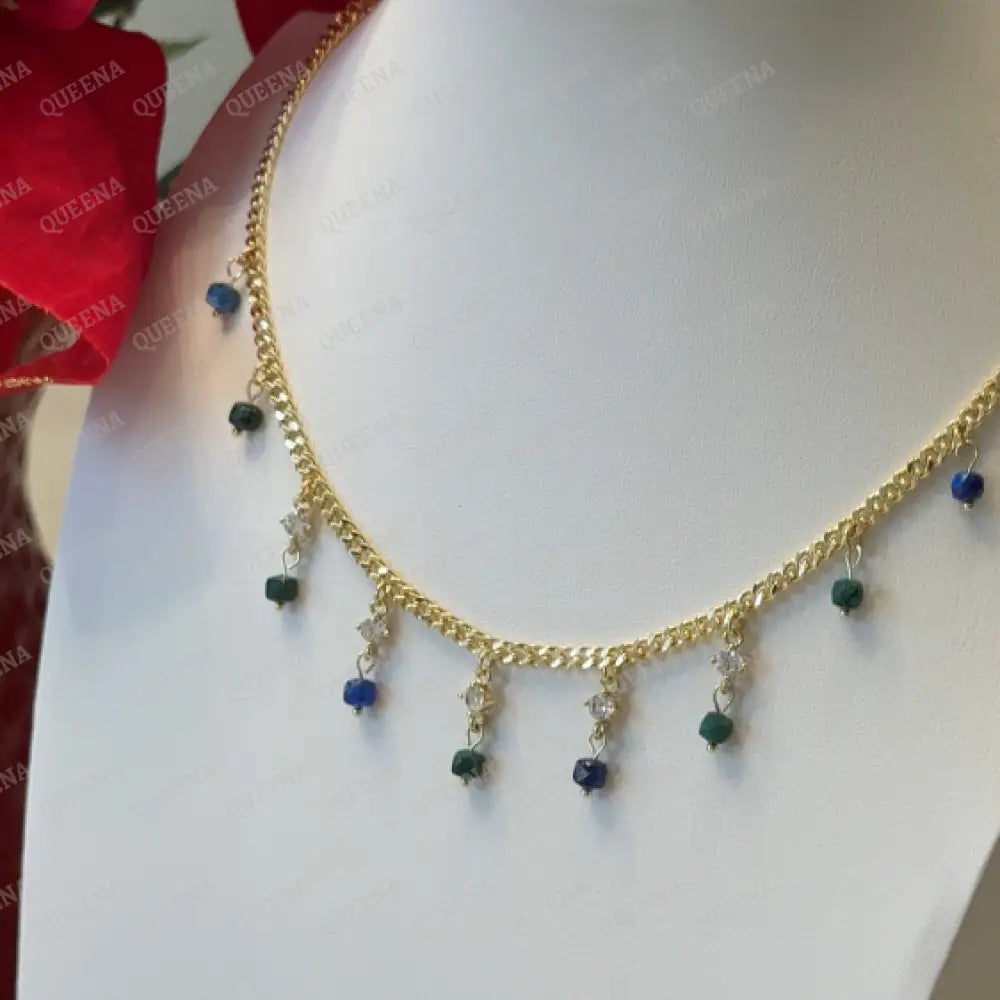 Crystals Stars Charms with Navy Blue and Green Beads Chain Choker Necklace - Necklaces