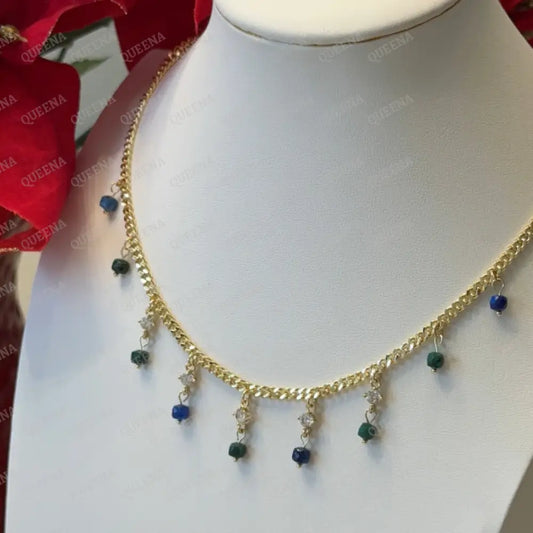 Crystals Stars Charms with Navy Blue and Green Beads Chain Choker Necklace - Necklaces