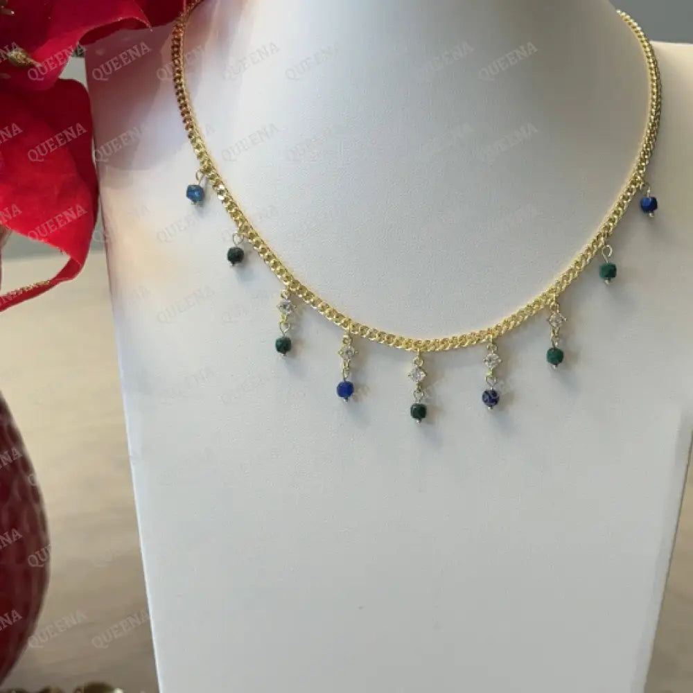 Crystals Stars Charms with Navy Blue and Green Beads Chain Choker Necklace - Necklaces