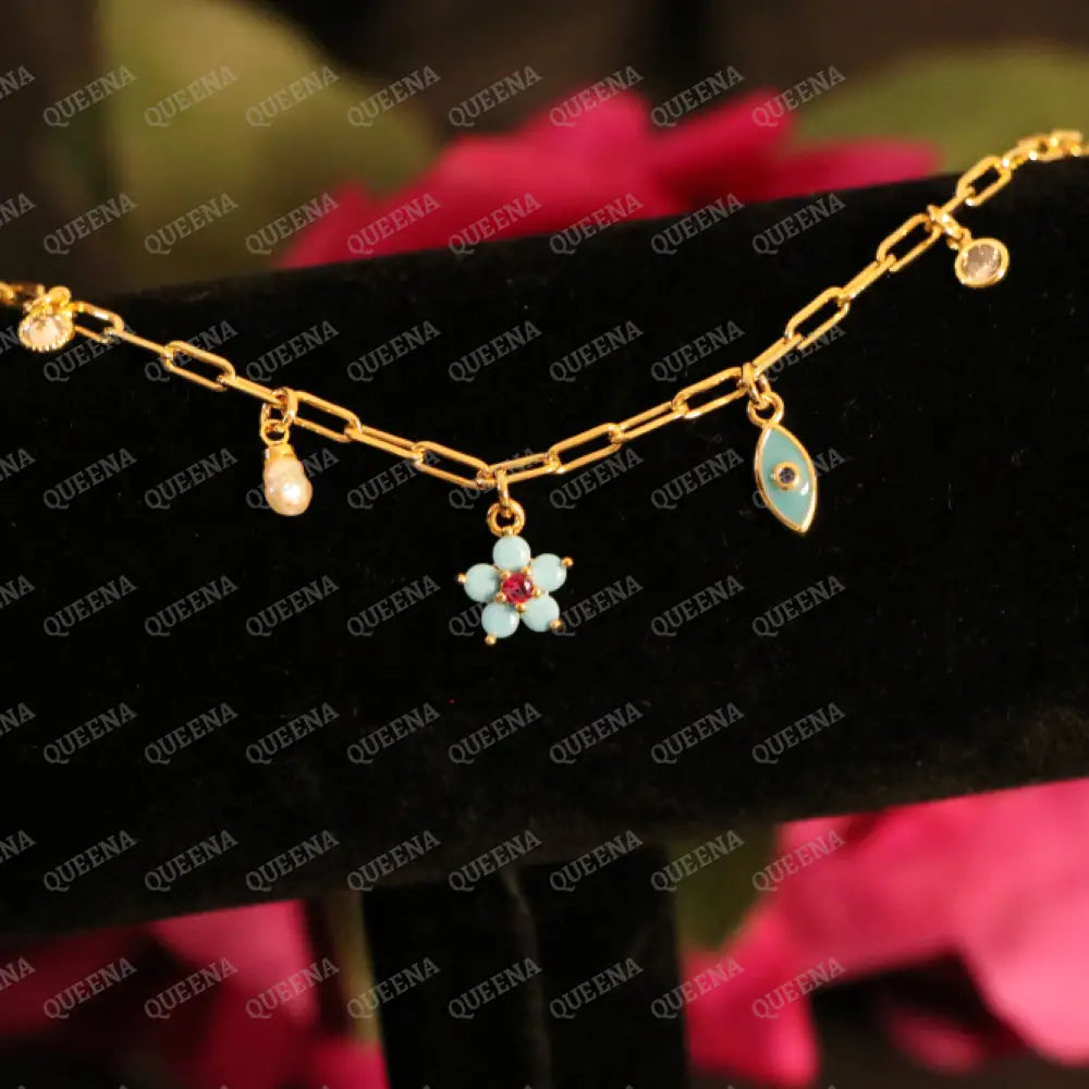 Cutie Blue Flower Charms Paperclip Bracelet - Bracelet