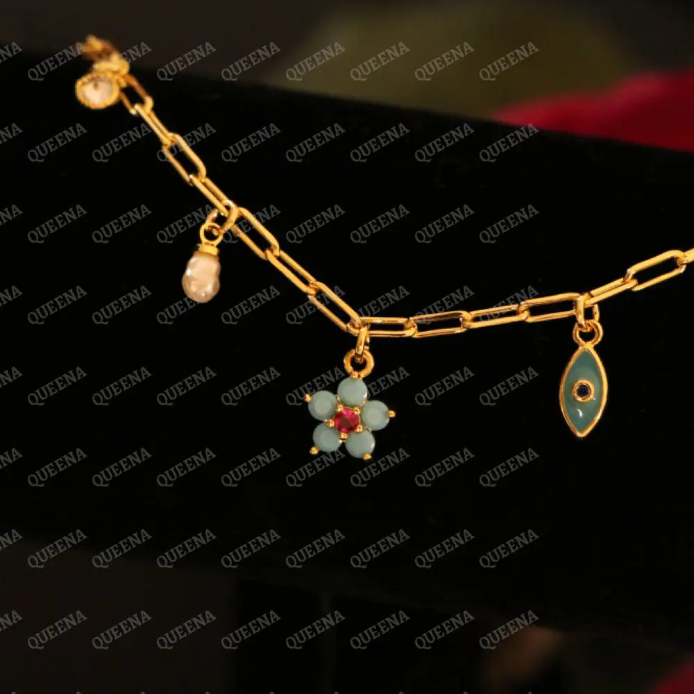 Cutie Blue Flower Charms Paperclip Bracelet - Bracelet