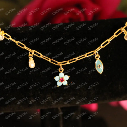 Cutie Blue Flower Charms Paperclip Bracelet - Bracelet