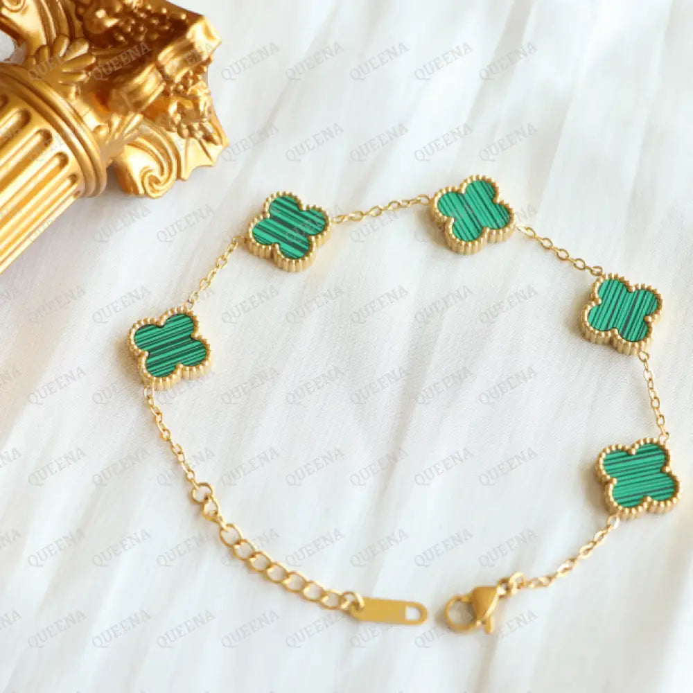 Dainty Vca Bracelet With 5 Multi Green Leaf Clover - High Quality Stainless Steel Statement Piece