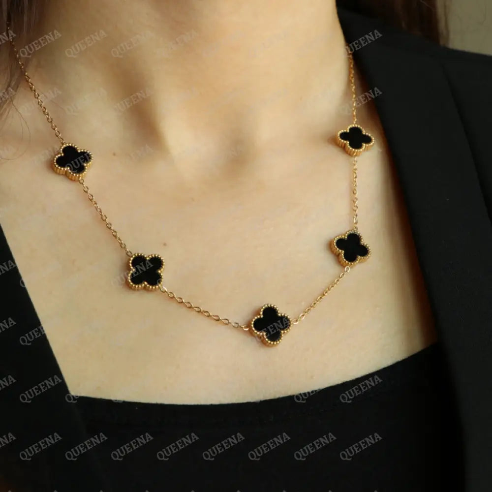 Dainty Vca (Necklace + Earrings) With 5 Multi Black Onyx Leaf Clover Necklaces