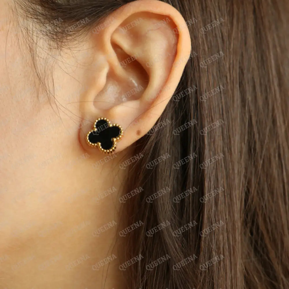 Dainty Vca (Necklace + Earrings) With 5 Multi Black Onyx Leaf Clover Necklaces