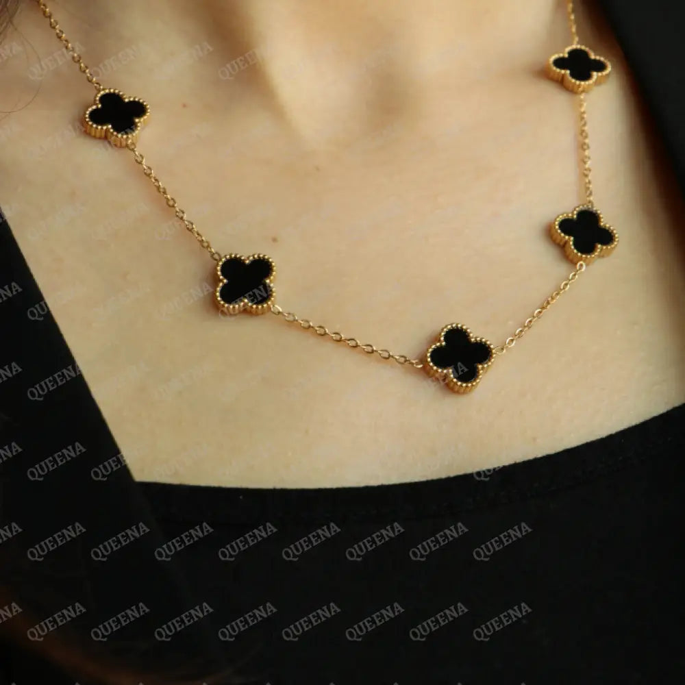 Dainty Vca (Necklace + Earrings) With 5 Multi Black Onyx Leaf Clover Necklaces