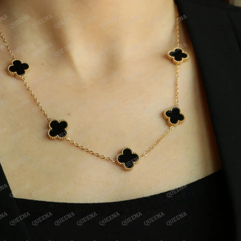 Dainty Vca (Necklace + Earrings) With 5 Multi Black Onyx Leaf Clover Necklaces