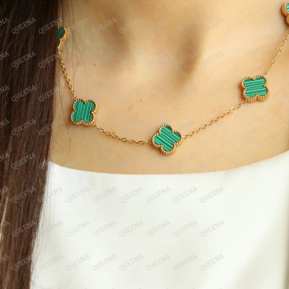 Dainty Vca (Necklace + Earrings) With 5 Multi Green Leaf Clover Necklaces