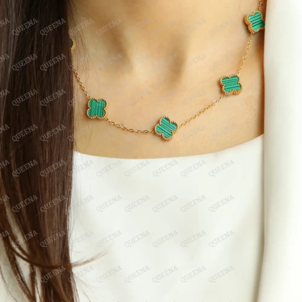 Dainty Vca (Necklace + Earrings) With 5 Multi Green Leaf Clover Necklaces