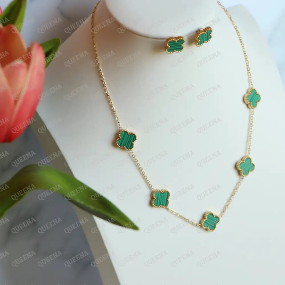 Dainty Vca (Necklace + Earrings) With 5 Multi Green Leaf Clover Necklaces