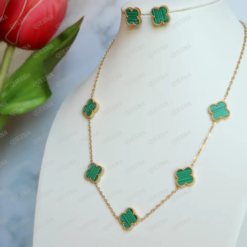 Dainty Vca (Necklace + Earrings) With 5 Multi Green Leaf Clover Necklaces