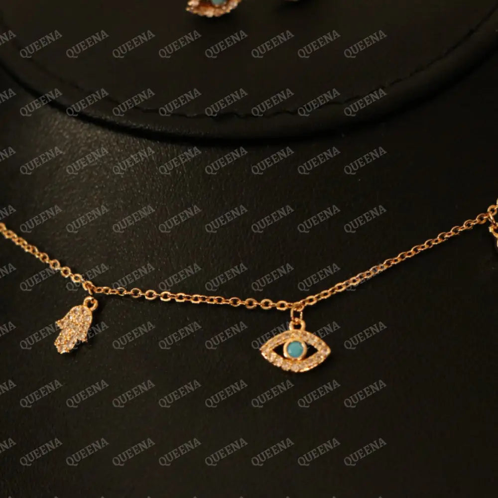 Delicate Blue Eye and Hamsa Hand Choker Set (Necklace + Earrings) Jewelry Sets