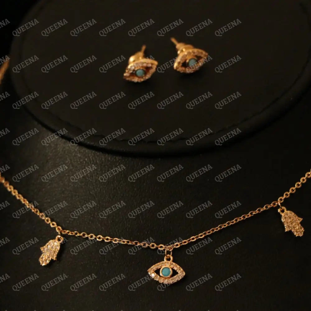 Delicate Blue Eye and Hamsa Hand Choker Set (Necklace + Earrings) Jewelry Sets