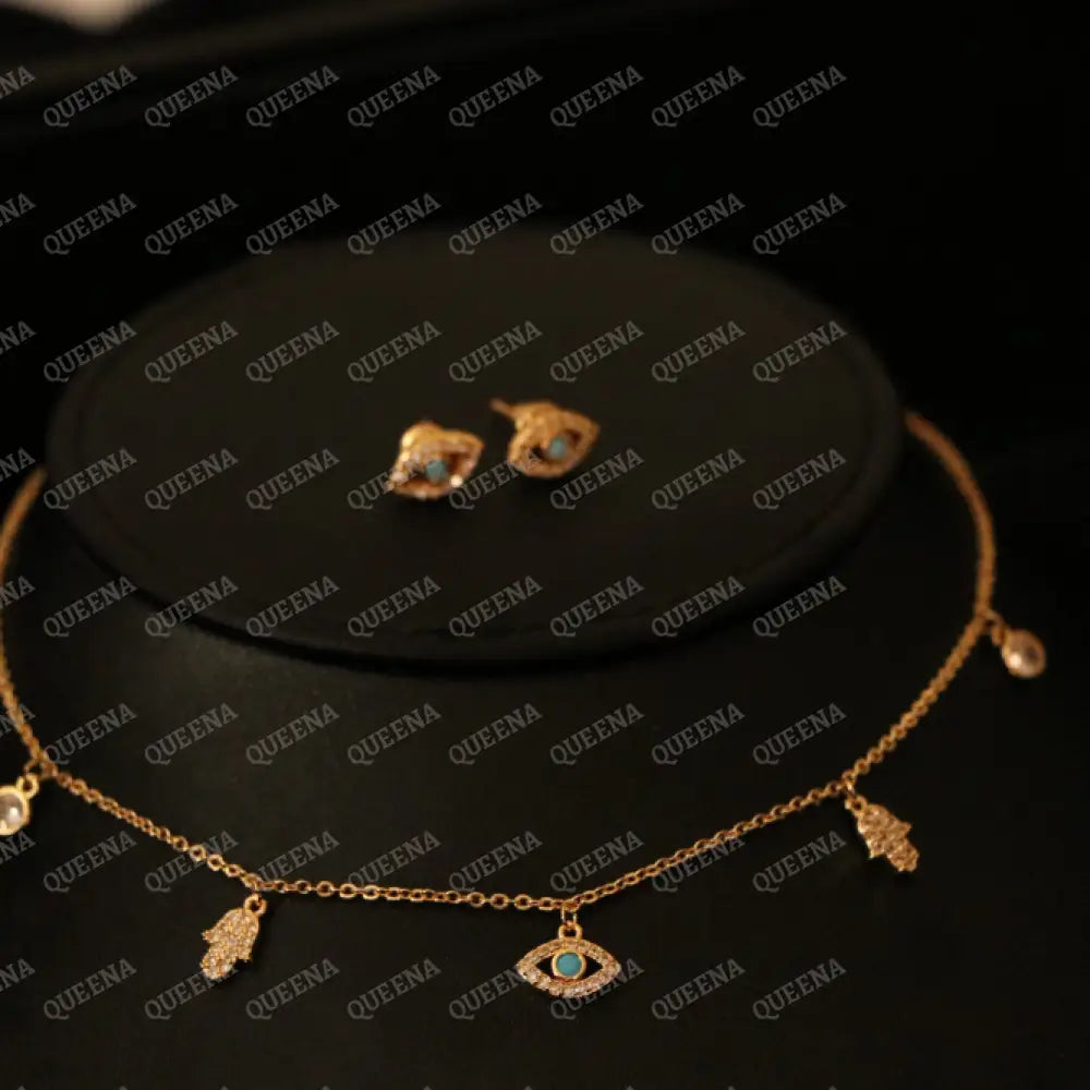 Delicate Blue Eye and Hamsa Hand Choker Set (Necklace + Earrings) Jewelry Sets