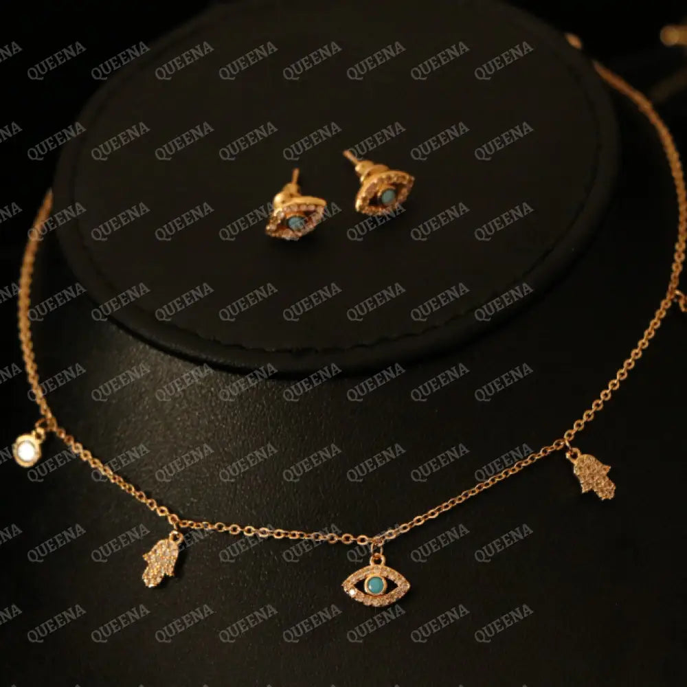 Delicate Blue Eye and Hamsa Hand Choker Set (Necklace + Earrings) Jewelry Sets