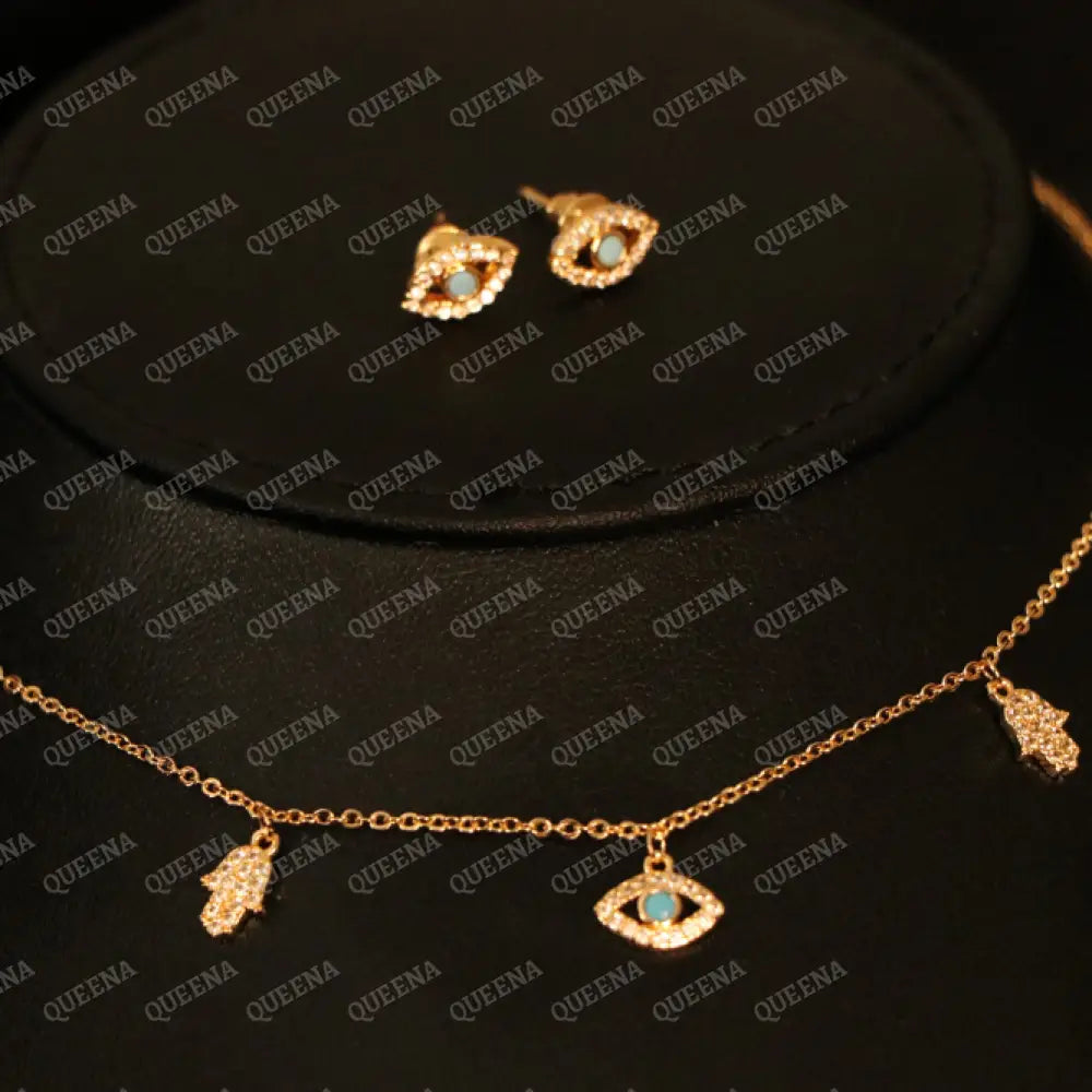 Delicate Blue Eye and Hamsa Hand Choker Set (Necklace + Earrings) Jewelry Sets