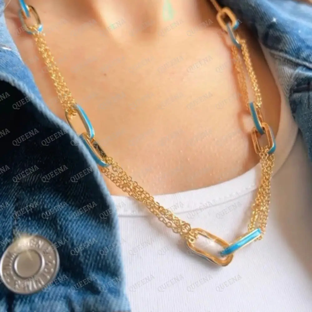 Double Interlocking Paper Clip Link Chain Necklace In Yellow Gold With A Blue Turquoise Touch