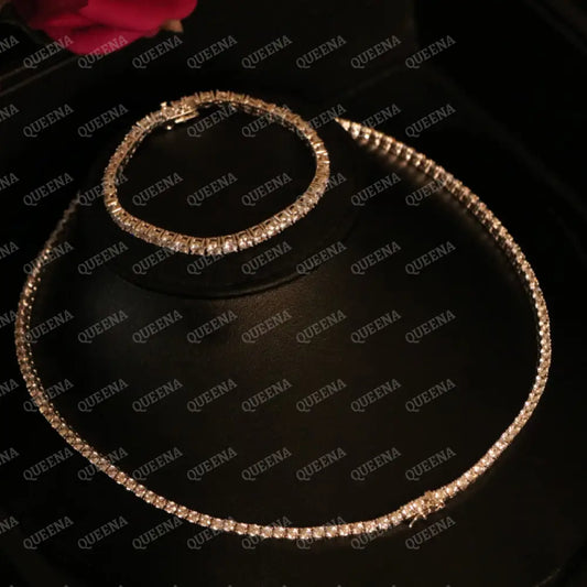 Elegant Classic Moissanite Diamond Tennis Jewelry Set with Dimond Lock (Choker Necklace + Bracelet) Jewelry Sets