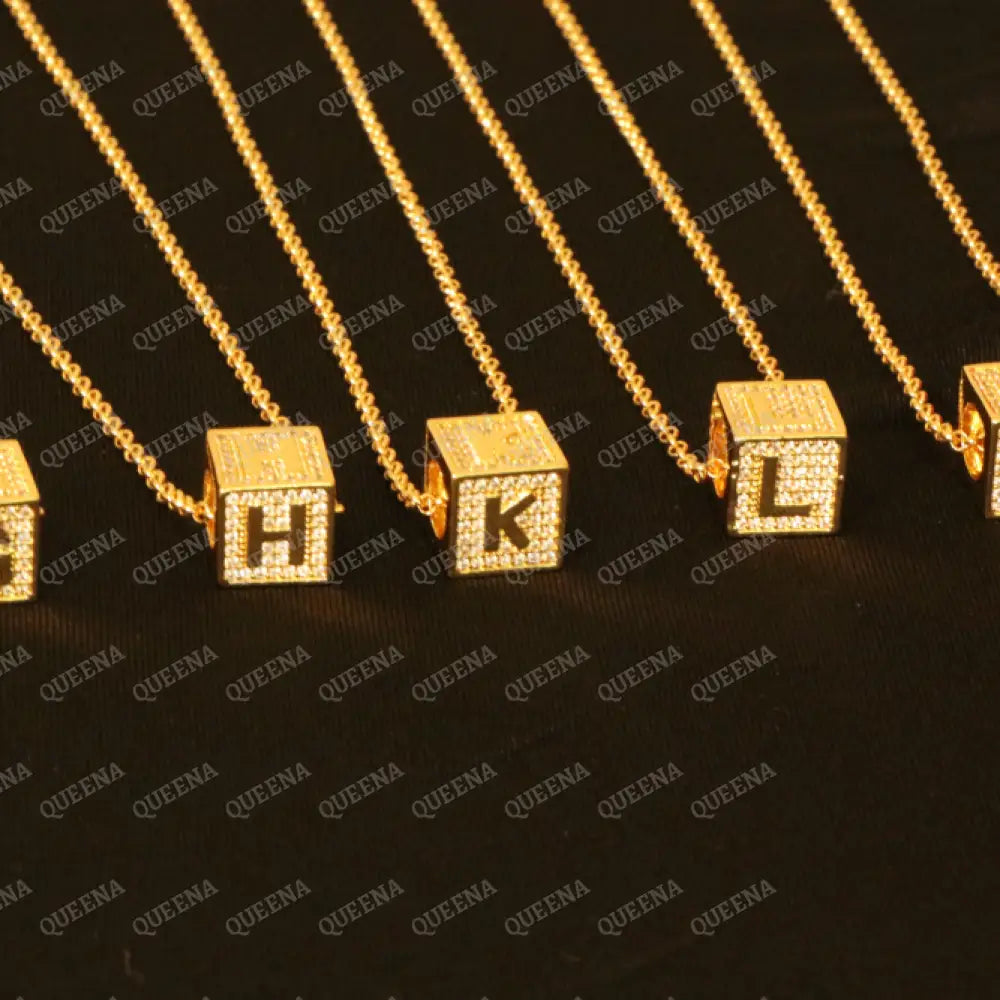 English Initial cube Necklace Studded with Full Zircons Necklaces