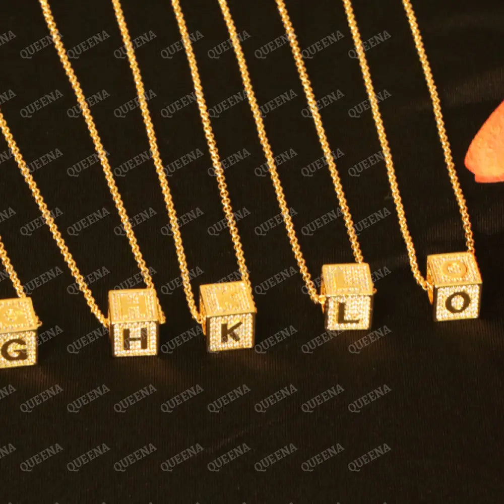 English Initial cube Necklace Studded with Full Zircons Necklaces