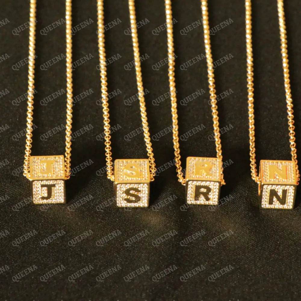 English Initial cube Necklace Studded with Full Zircons Necklaces