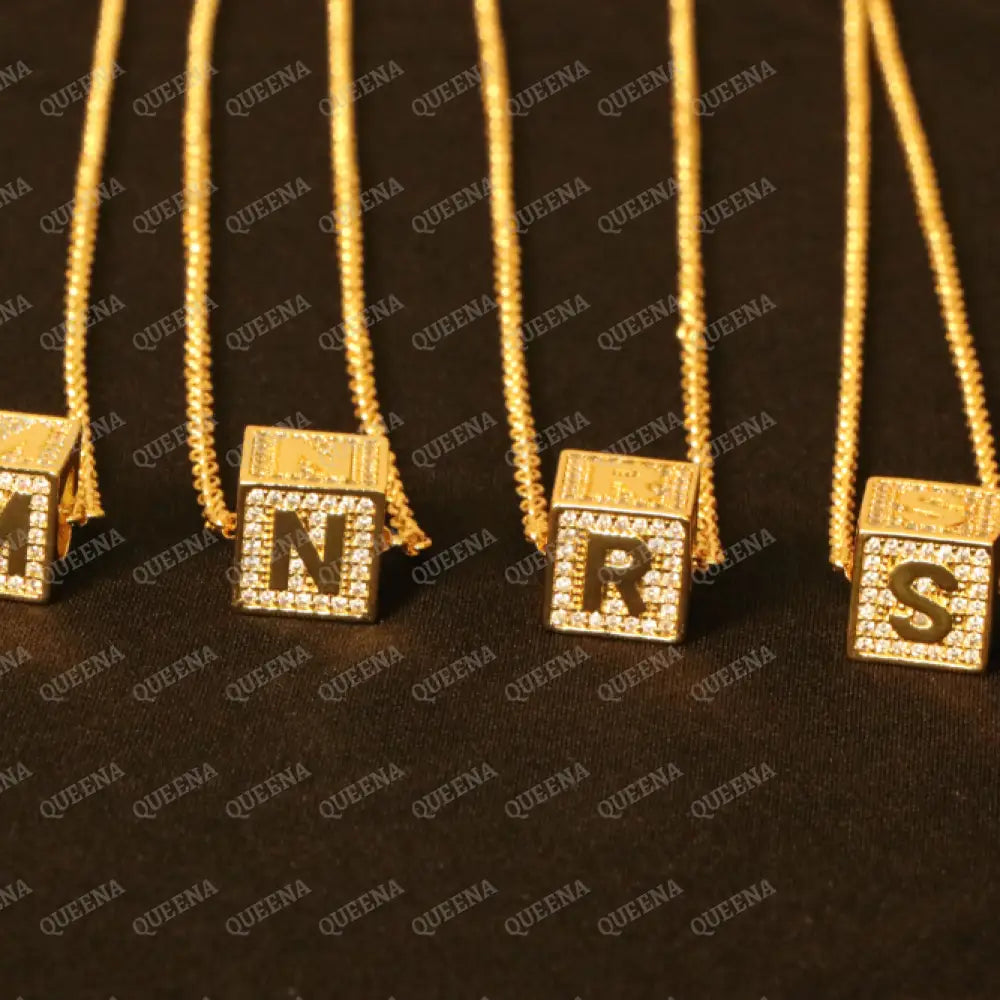 English Initial cube Necklace Studded with Full Zircons Necklaces