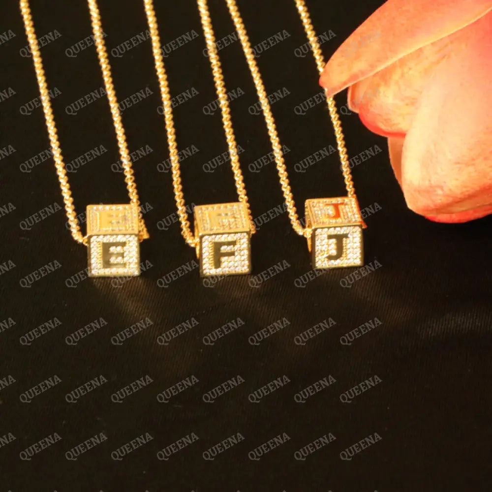 English Initial cube Necklace Studded with Full Zircons Necklaces