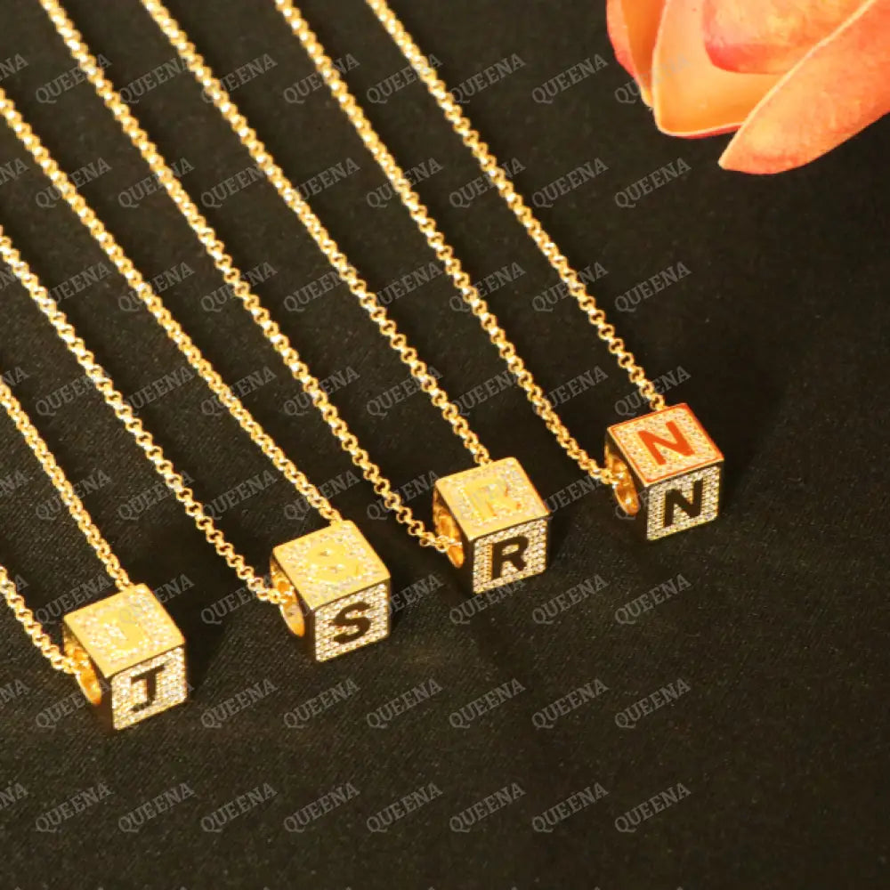 English Initial cube Necklace Studded with Full Zircons Necklaces
