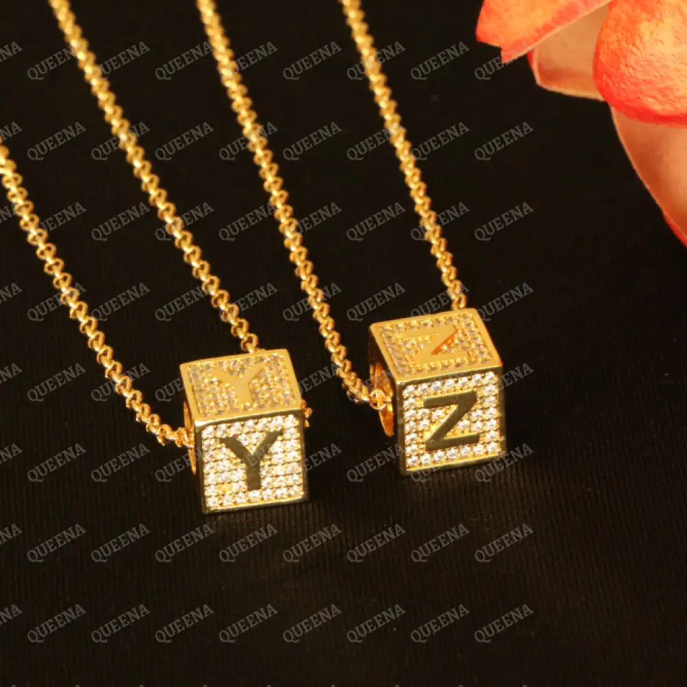 English Initial cube Necklace Studded with Full Zircons Necklaces