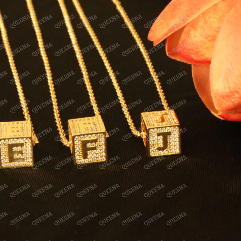 English Initial cube Necklace Studded with Full Zircons Necklaces