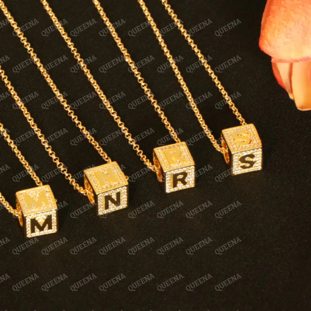 English Initial cube Necklace Studded with Full Zircons Necklaces