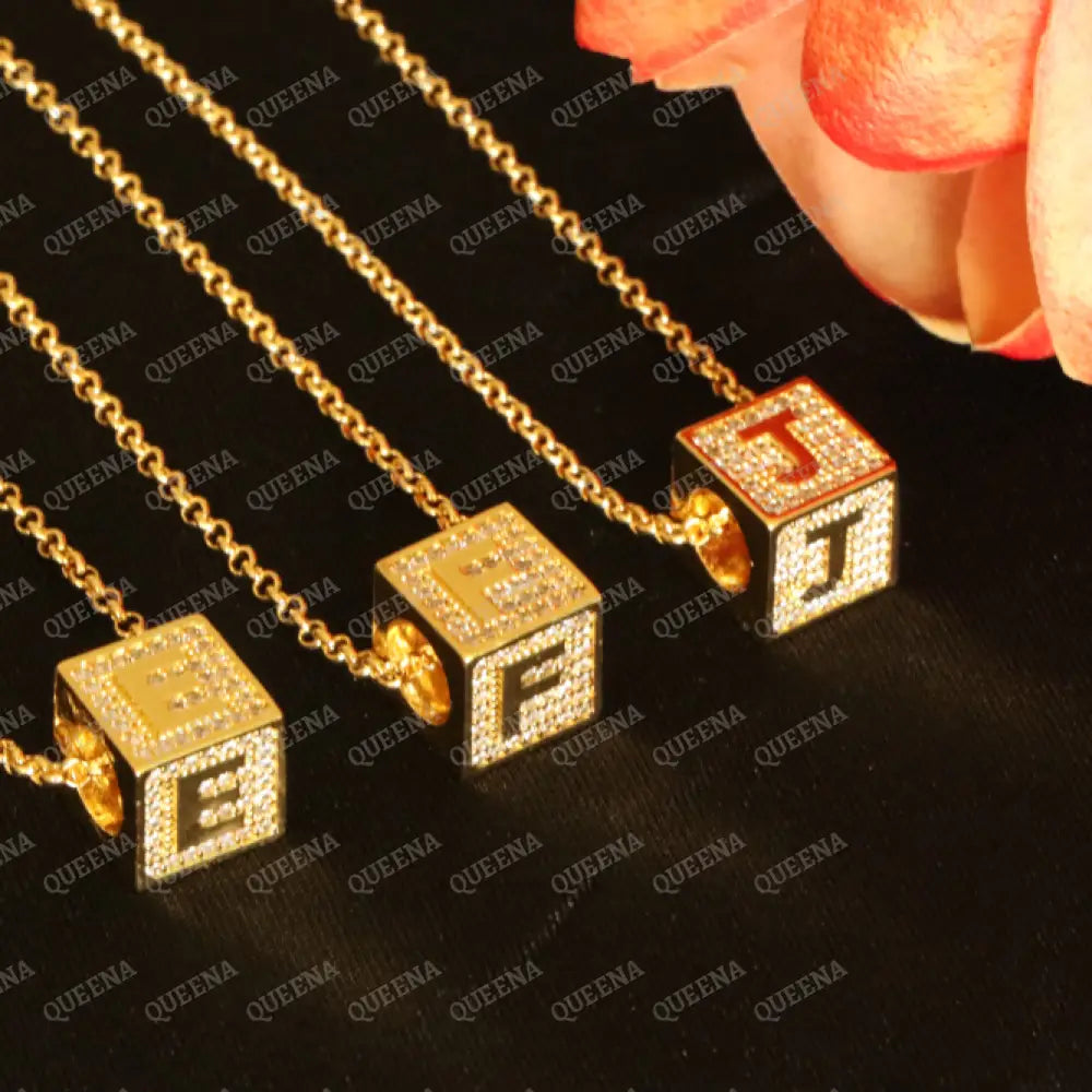 English Initial cube Necklace Studded with Full Zircons Necklaces