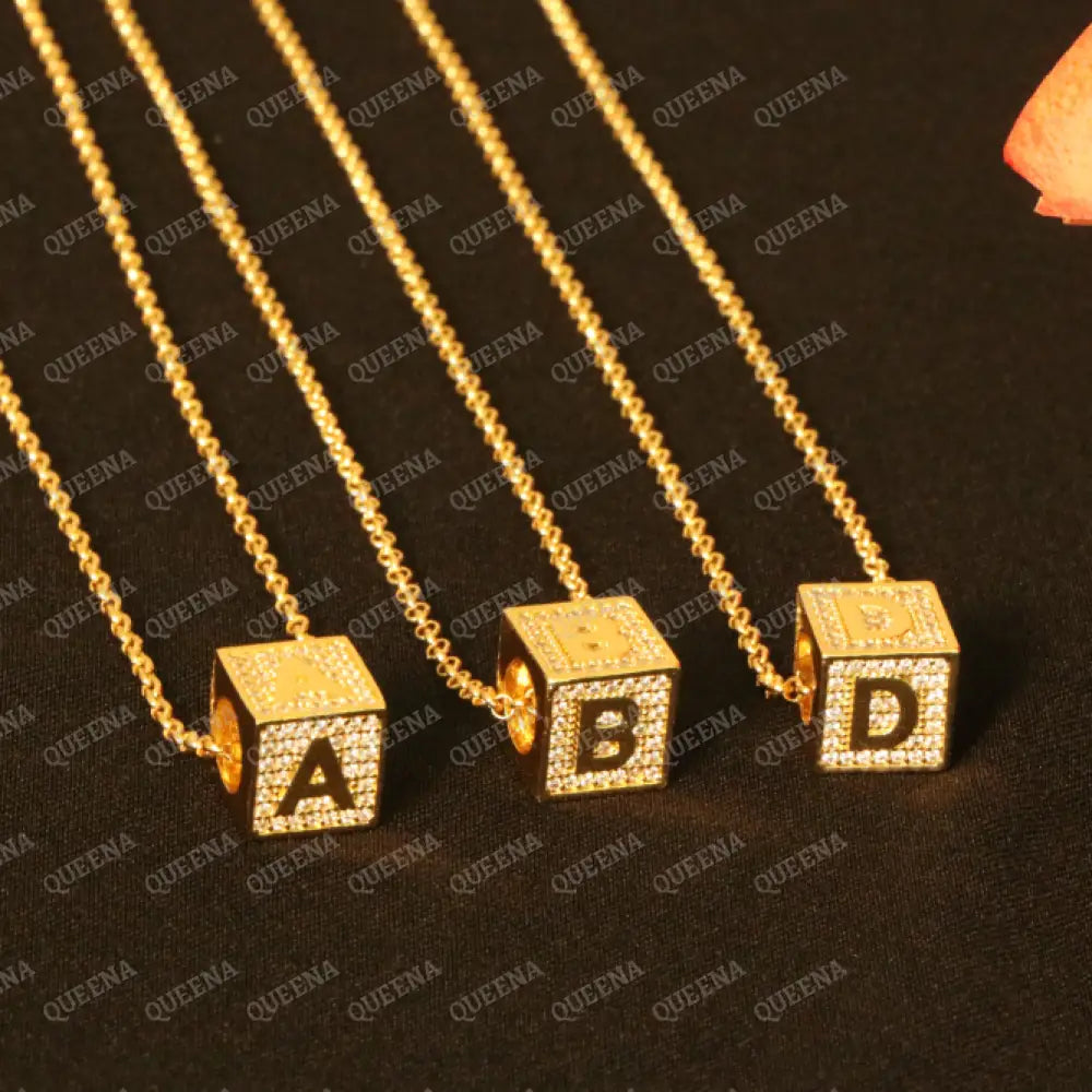 English Initial cube Necklace Studded with Full Zircons Necklaces