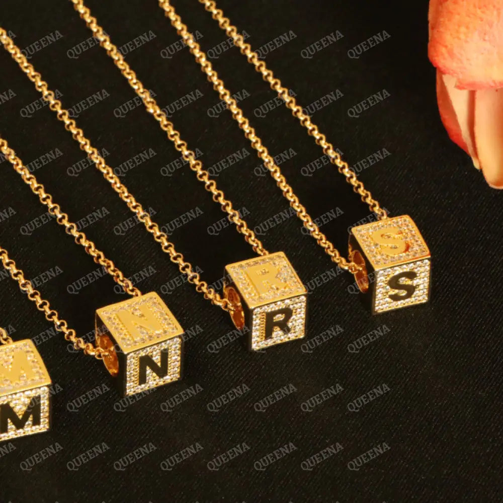 English Initial cube Necklace Studded with Full Zircons Necklaces