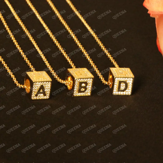 English Initial cube Necklace Studded with Full Zircons Necklaces