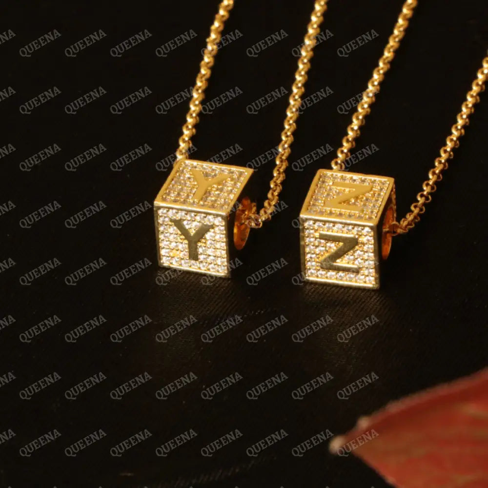 English Initial cube Necklace Studded with Full Zircons Necklaces