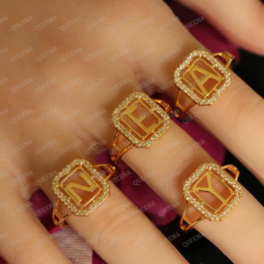 English Initial RING Studded with Full Zircons / Adjustable Ring (Free Size) Rings