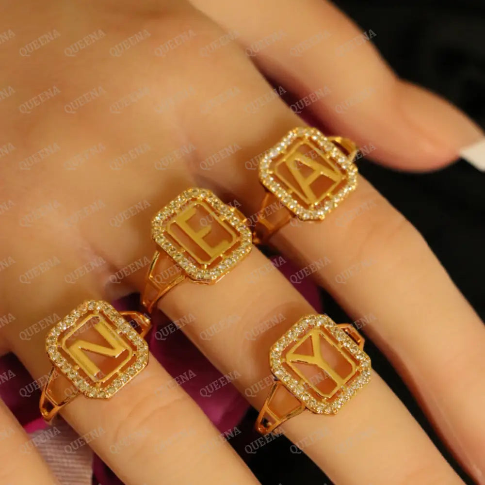 English Initial RING Studded with Full Zircons / Adjustable Ring (Free Size) Rings